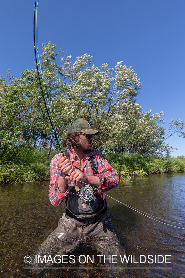 Flyfisherman fighting fish on the Sedanka river in Kamchatka Peninsula, Russia. 