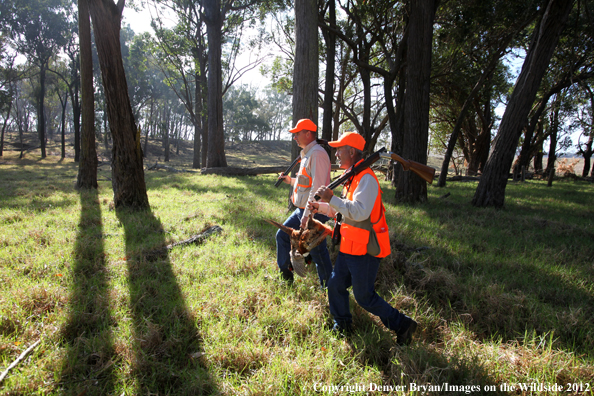 Upland game hunters with bagged pheasants. 