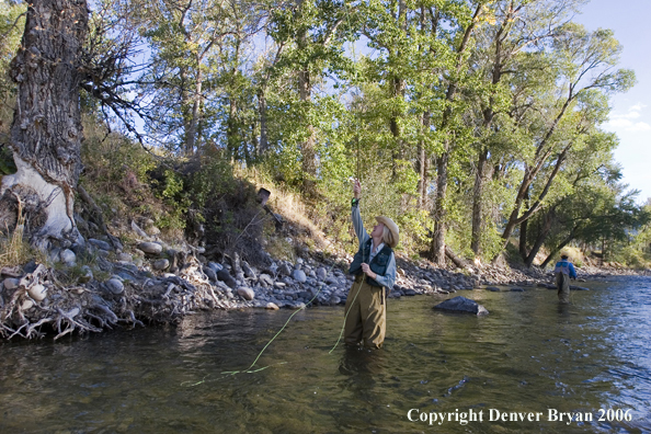 Woman flyfisher undoing a snag on the river.