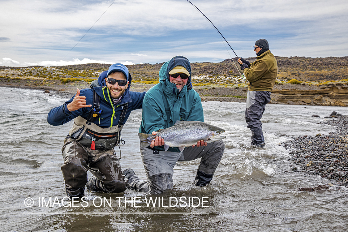 Flyfisherman with large rainbow trout at Jurassic Lake, Argentina.