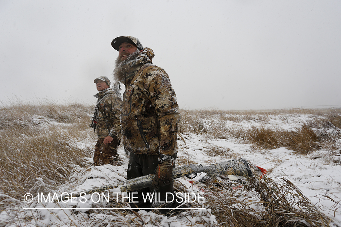 Duck hunters with bagged mallards in winter snow conditions.