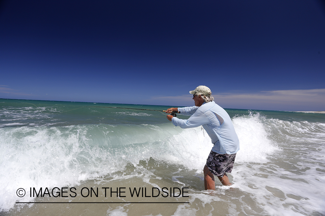 Flyfisherman fishing for roosterfish on beach.