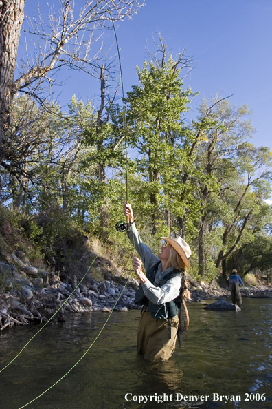 Woman flyfisher undoing a snag on the river.