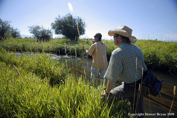 Flyfishermen fishing stream 