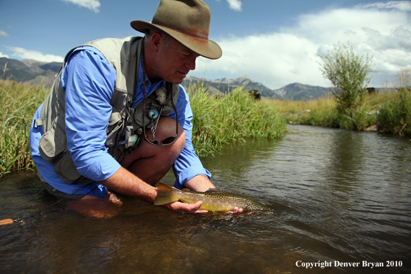 Flyfisherman landing rainbow trout