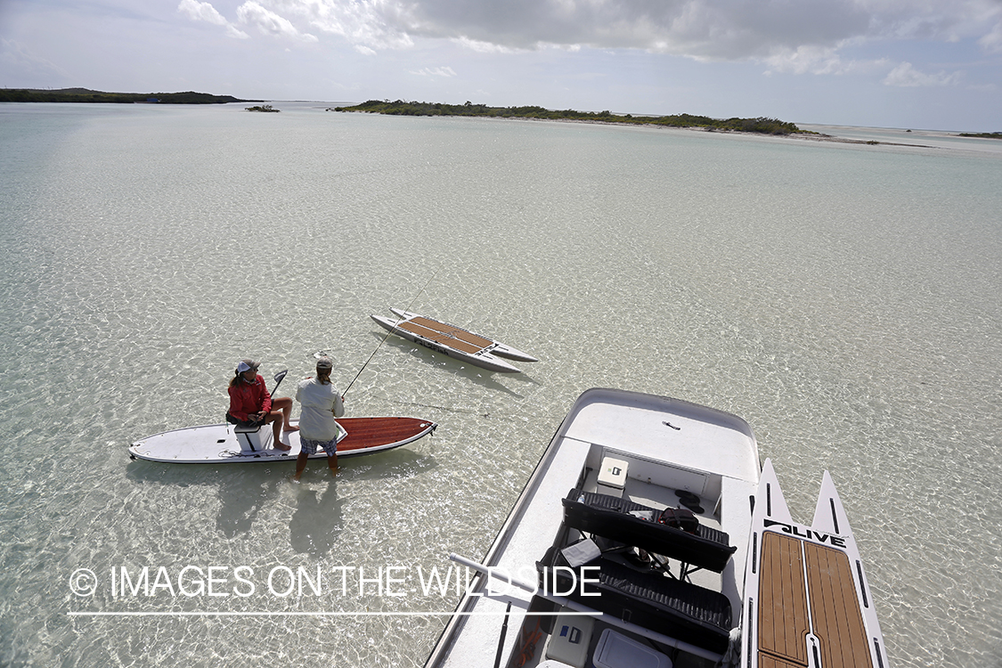 Saltwater flyfishing couple on paddle boards.