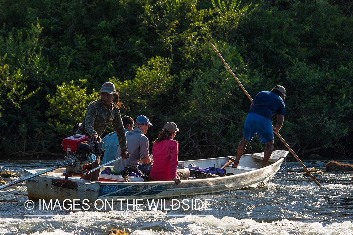 Flyfishermen on boat on river in Kendjam region, Brazil.