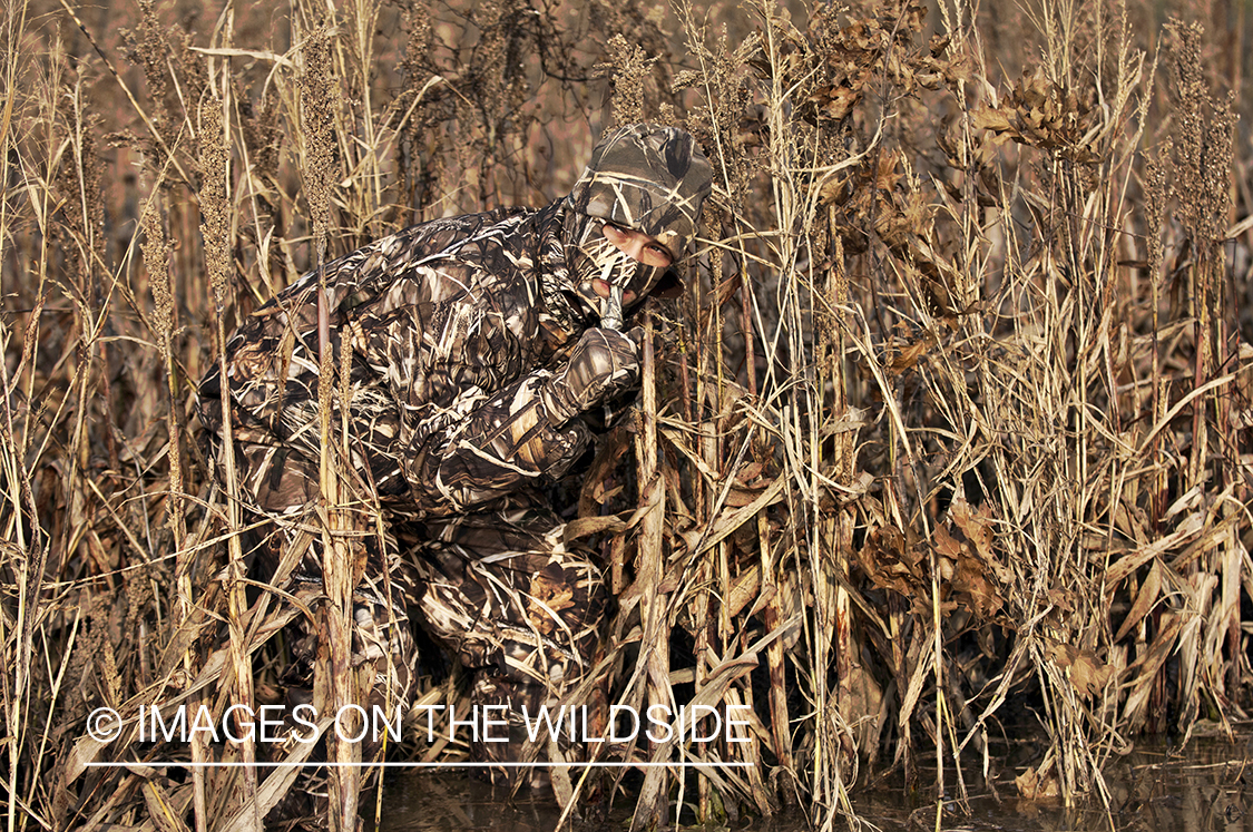 Waterfowl hunter waterfowl calling in wetlands.