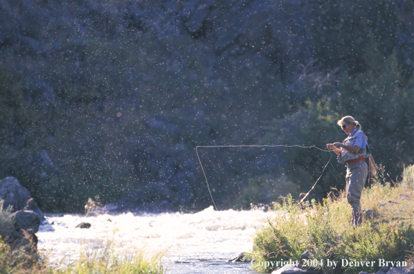 Woman flyfishing tying a fly. 