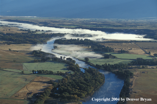 Fog-covered Yellowstone River in Paradise Valley, Montana