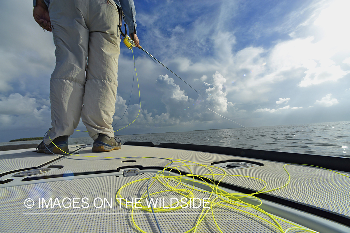 Saltwater flyfisherman casting on flats boat.