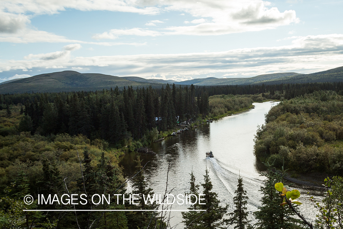 Boat coming into fishing camp. Nushagak river, Alaska.