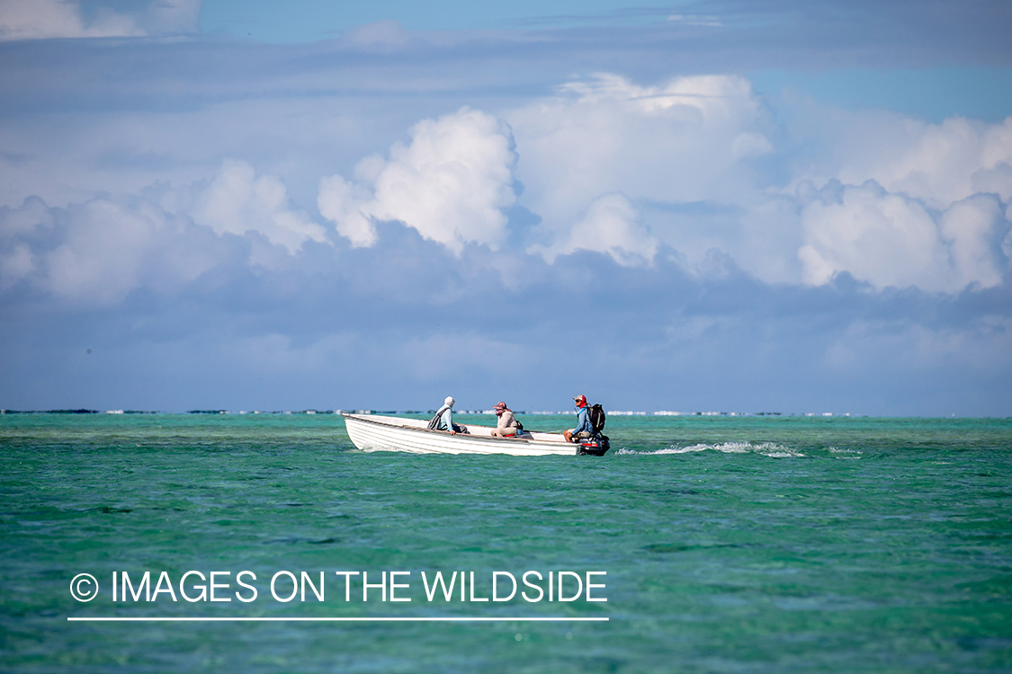 Flyfisherman in boats on St. Brandon's Atoll flats, Indian Ocean.