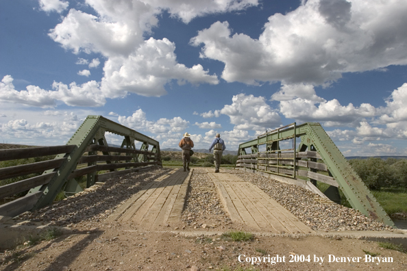 Flyfishermen walking across bridge.