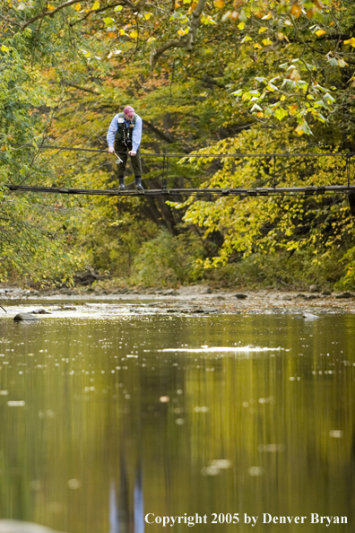 Flyfisherman looking down on Pennsylvania spring creek from small foot bridge.