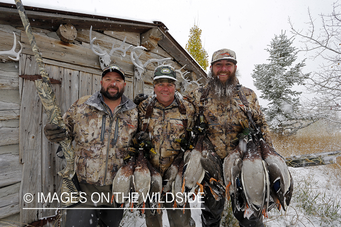 Duck hunters with bagged mallards in winter snow conditions.