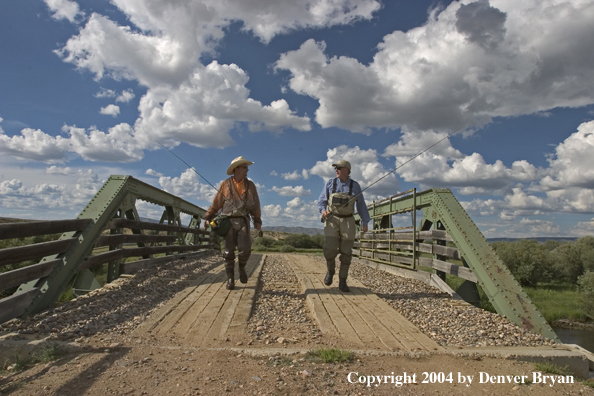 Flyfishermen walking across bridge (MR)