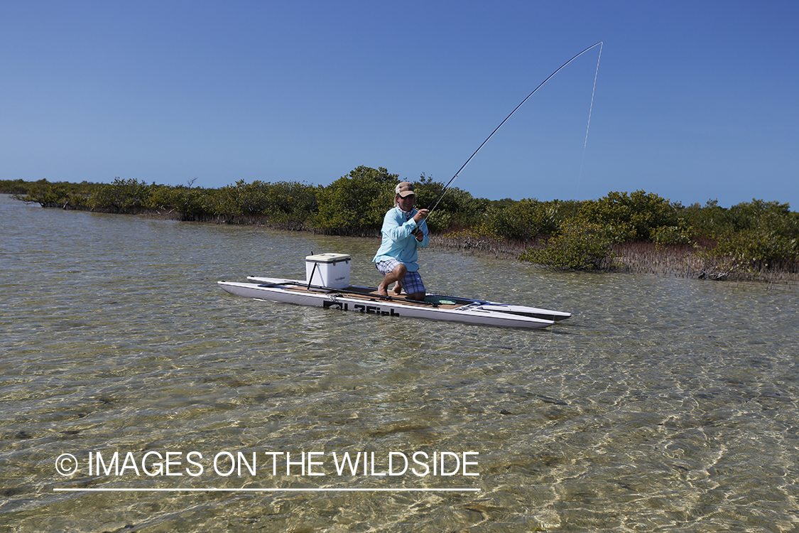 Saltwater flyfisherman fighting fish.