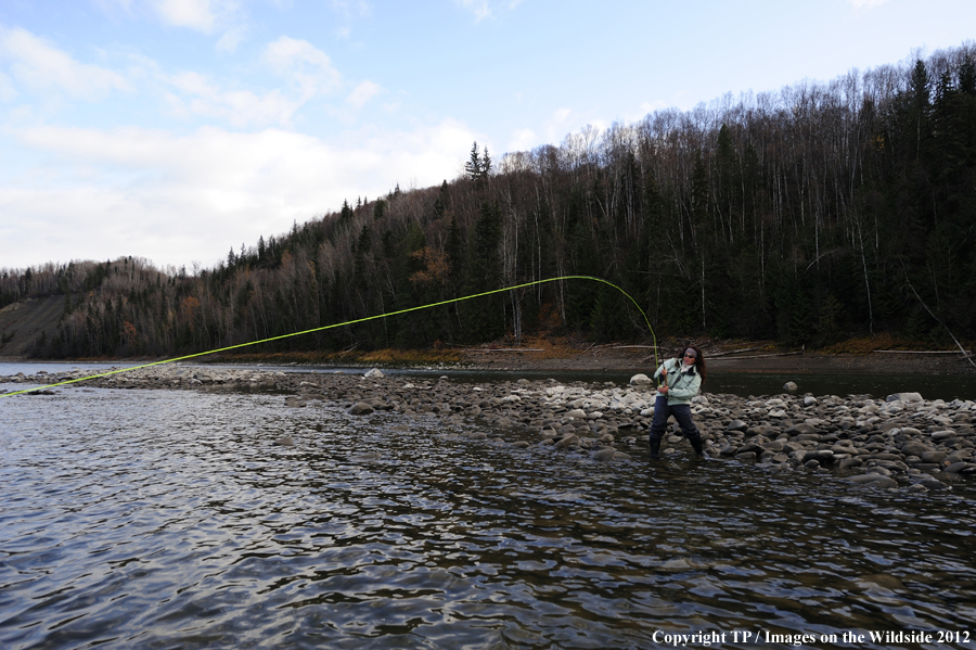 Flyfisherwoman with fish on. 