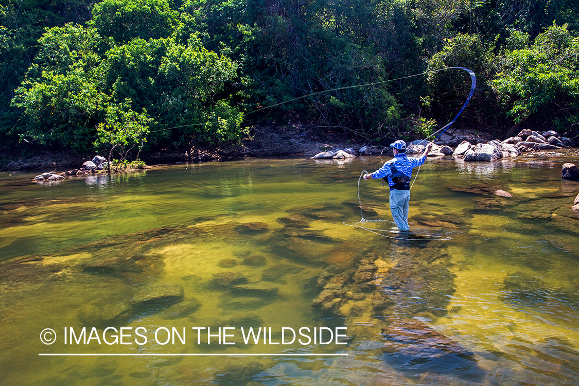 Flyfisherman fighting with fish in Kendjam region, Brazil.