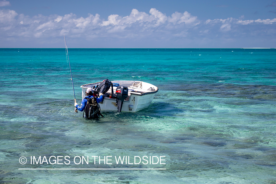 Flyfisherman in boats on St. Brandon's Atoll flats, Indian Ocean.