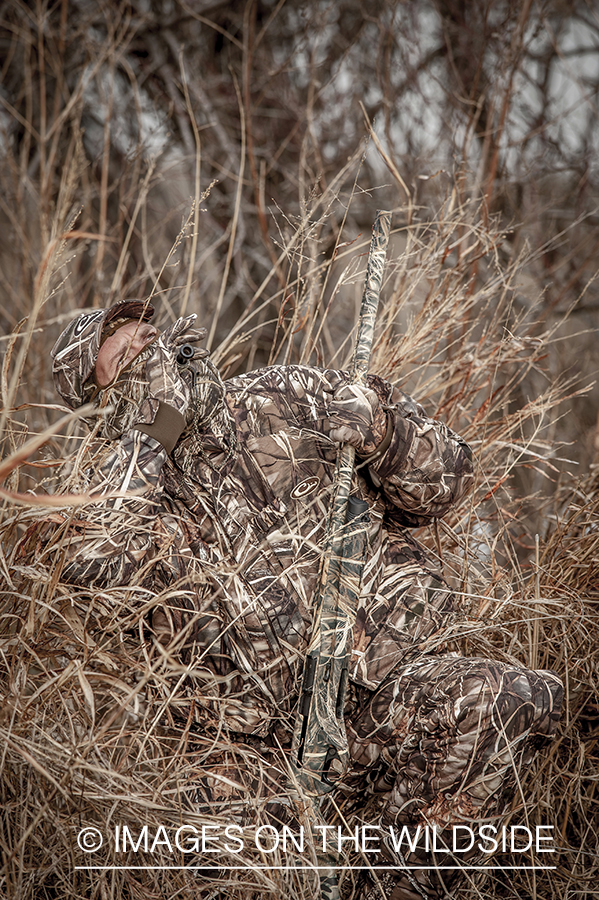 Waterfowl hunter waterfowl calling in wetlands.