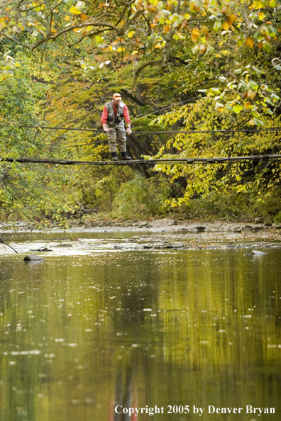 Flyfisherman looks down at Pennsylvania spring creek from a foot bridge