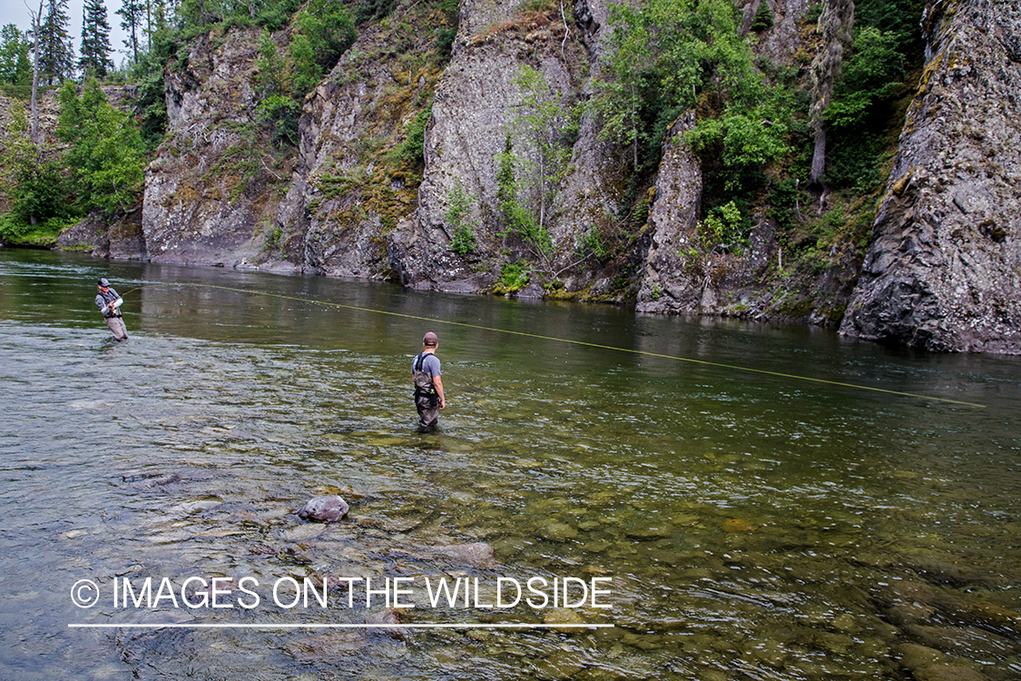 Flyfisherman with guide fighting salmon.