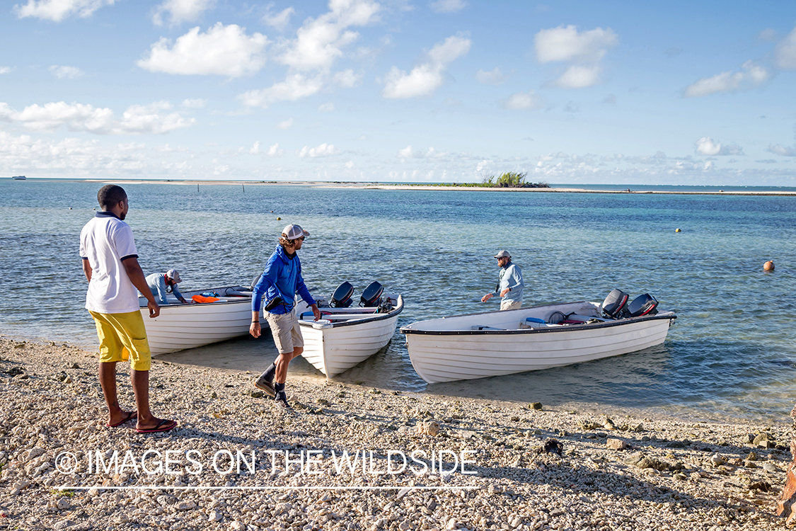 Flyfisherman in boats on St. Brandon's Atoll flats, Indian Ocean.