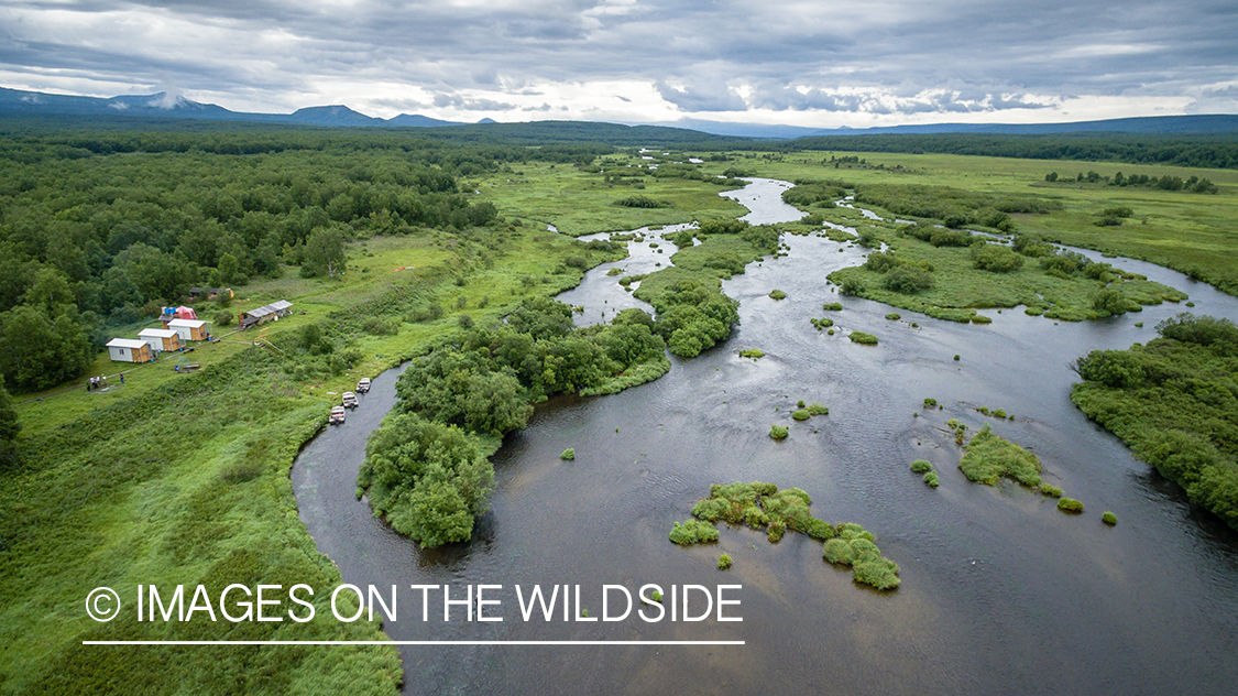 Aerial view of Sedanka river in Kamchatka Peninsula, Russia.