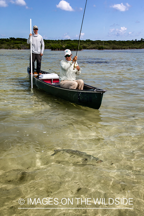 Flyfishing woman fighting fish from boat.