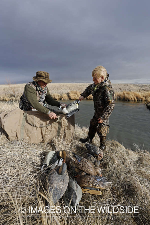 Father and son collecting decoys waterfowl hunting.