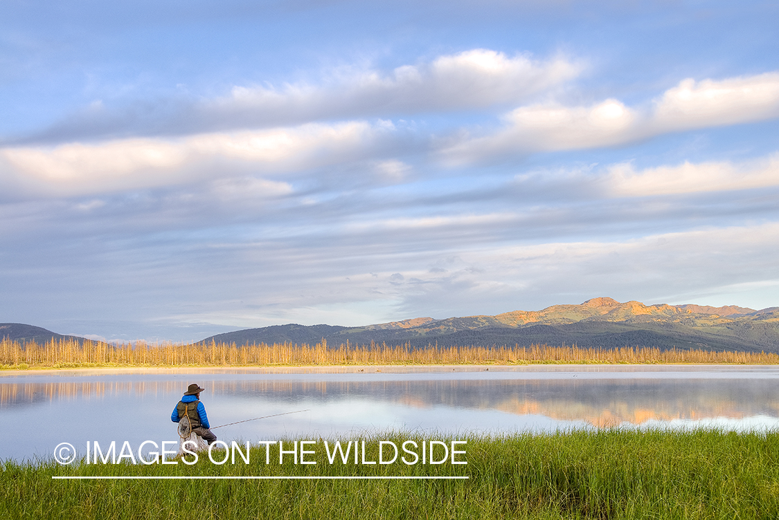 Flyfisherman on banks of Hedgen Lake in Montana.