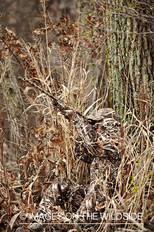 Waterfowl hunter taking aim in wetlands.