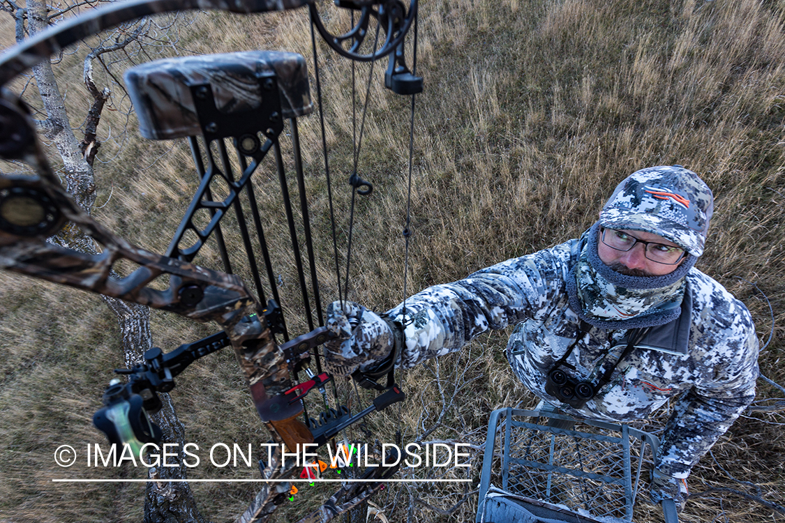 Bow hunter climbing ladder stand.