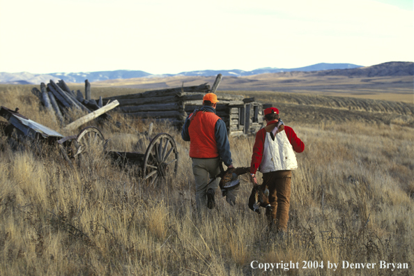 Upland bird hunters with pheasants.