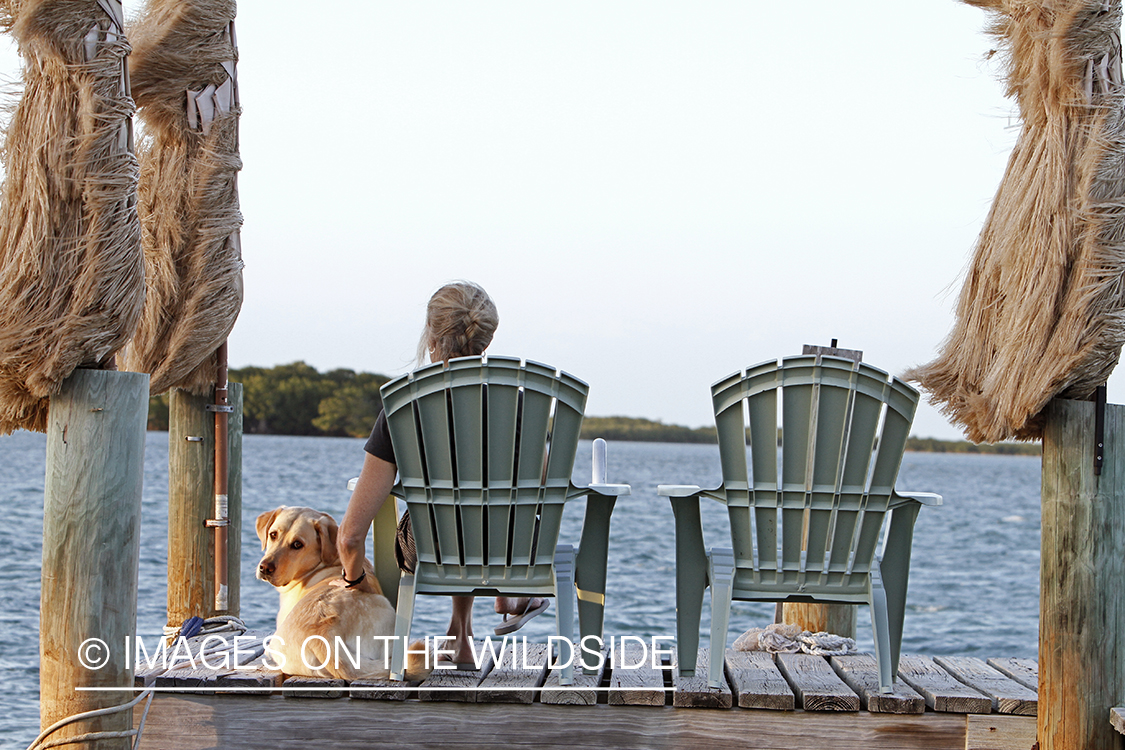 Woman with yellow lab relaxing on dock. 