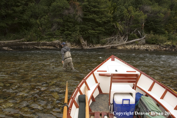 Flyfisherman casting on river.