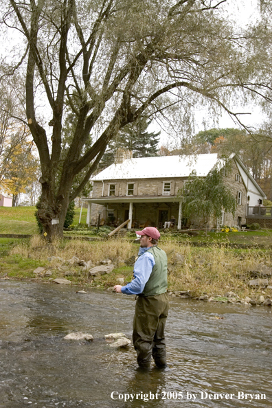 Flyfisherman on Pennsylvania spring creek with club house in background.