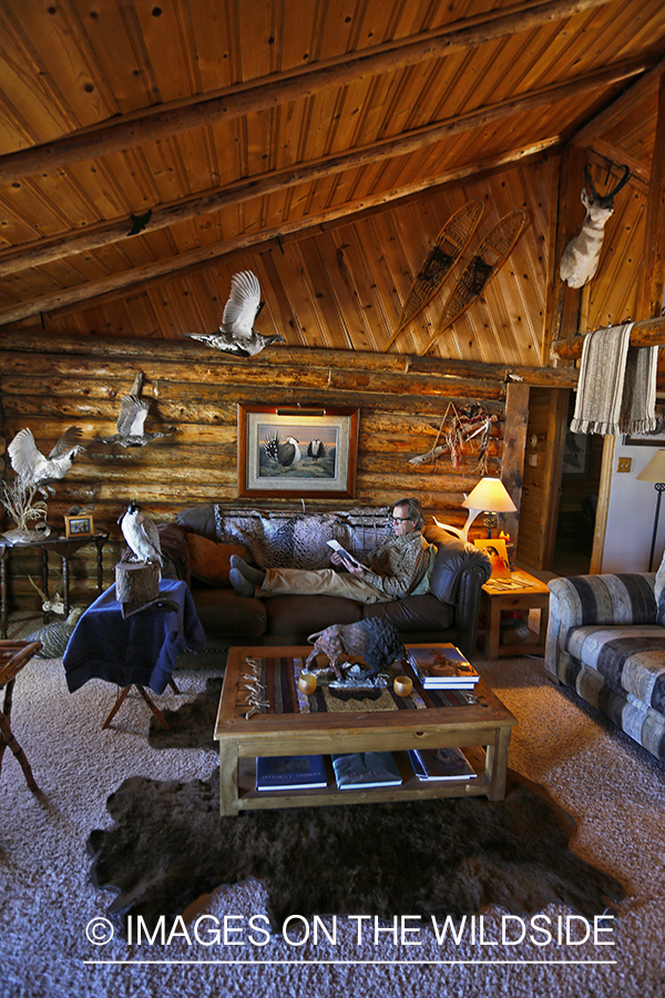 Falconer lounging in cabin with hooded gyr falcon.