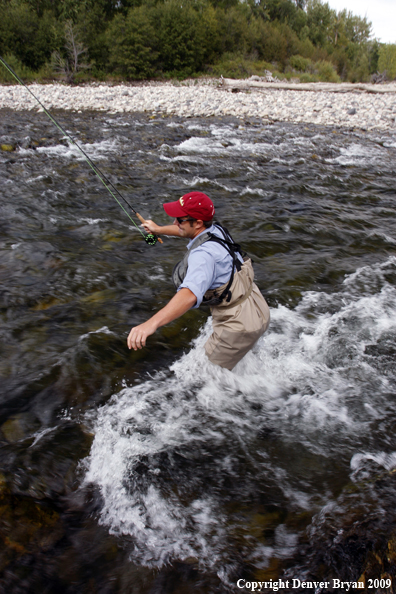 Flyfisherman crossing river