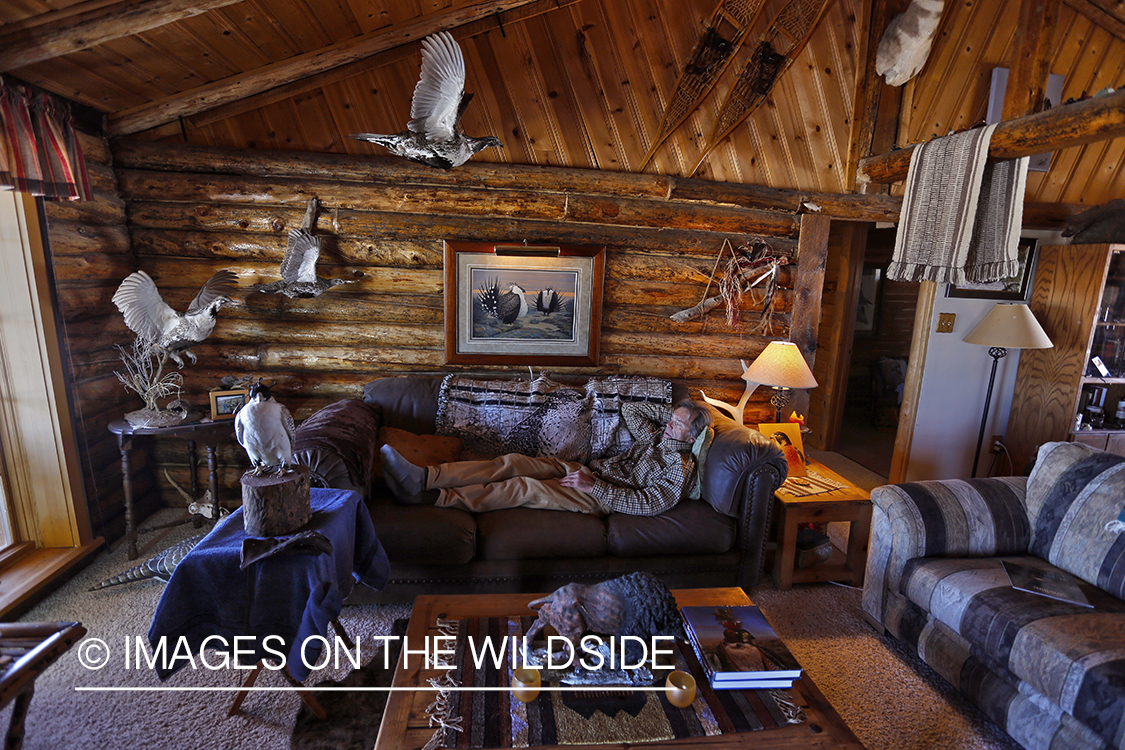 Falconer lounging in cabin with hooded gyr falcon.