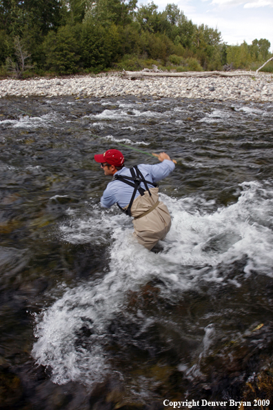 Flyfisherman crossing dangerous rapids