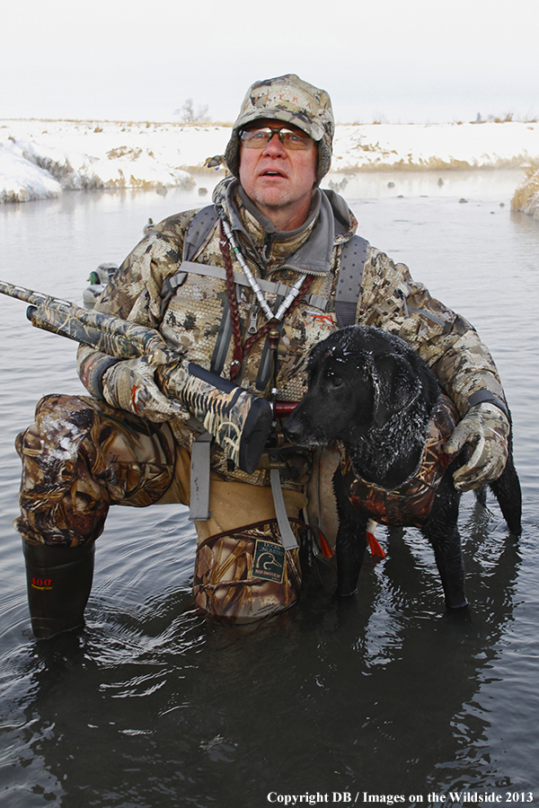 Waterfowl hunter and dog with decoys.