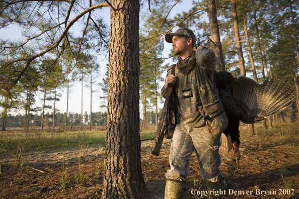 Turkey hunter in field with bagged bird