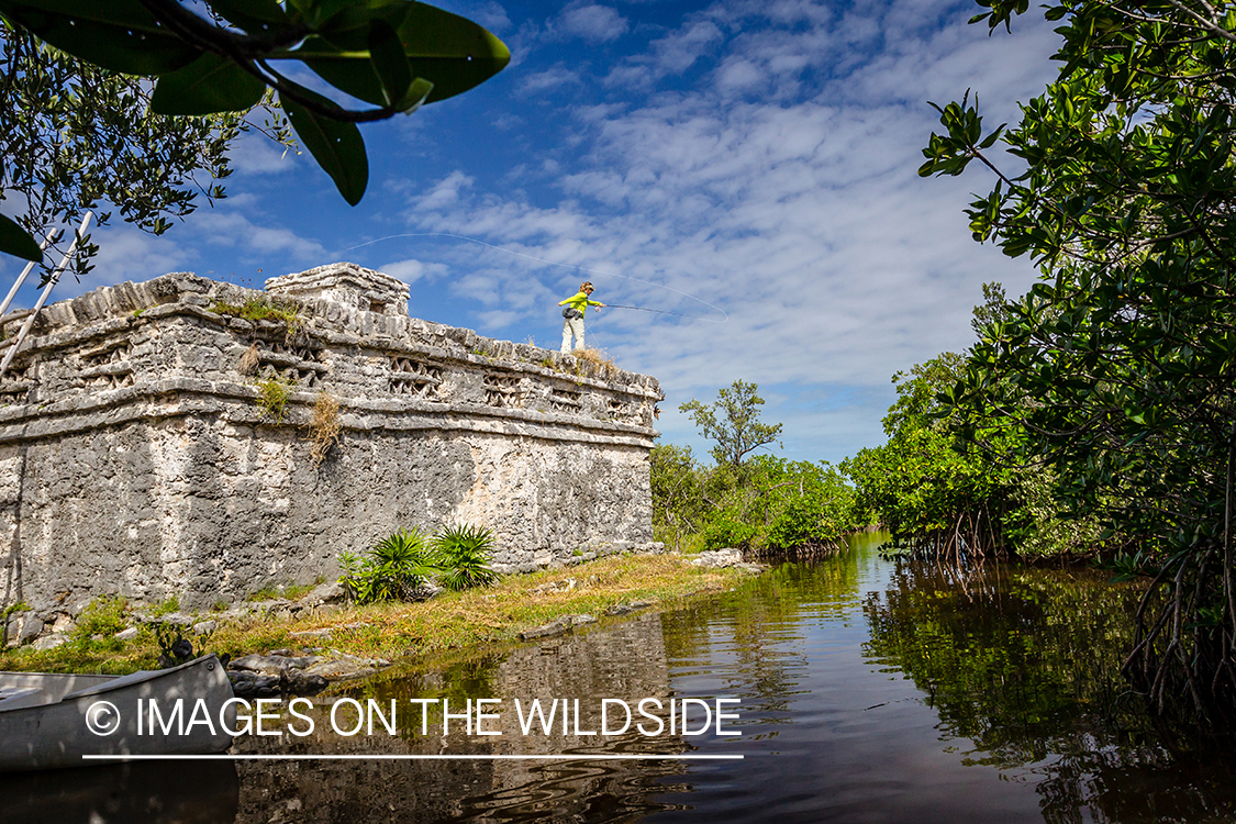 Flyfisherman casting from top of mayan ruin.