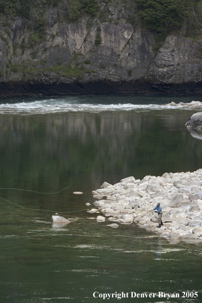 Flyfisherman casting from shore.