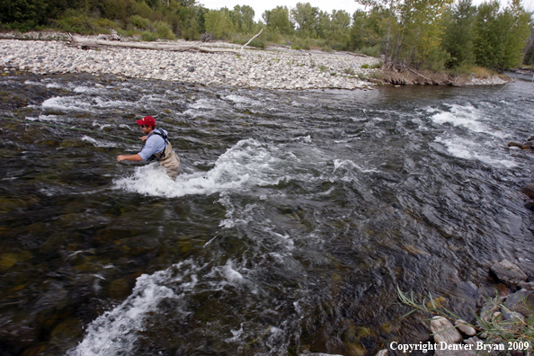 Flyfisherman crossing river