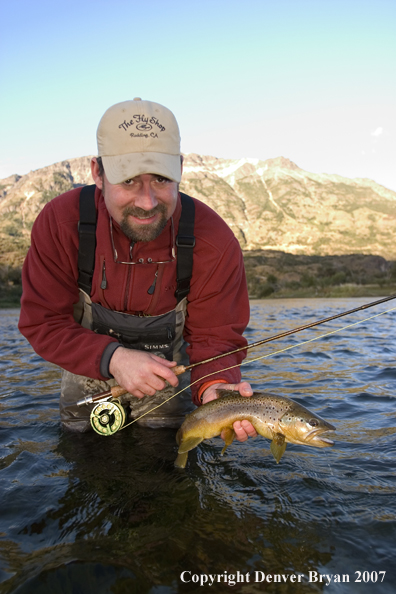 Flyfisherman holding brown trout.