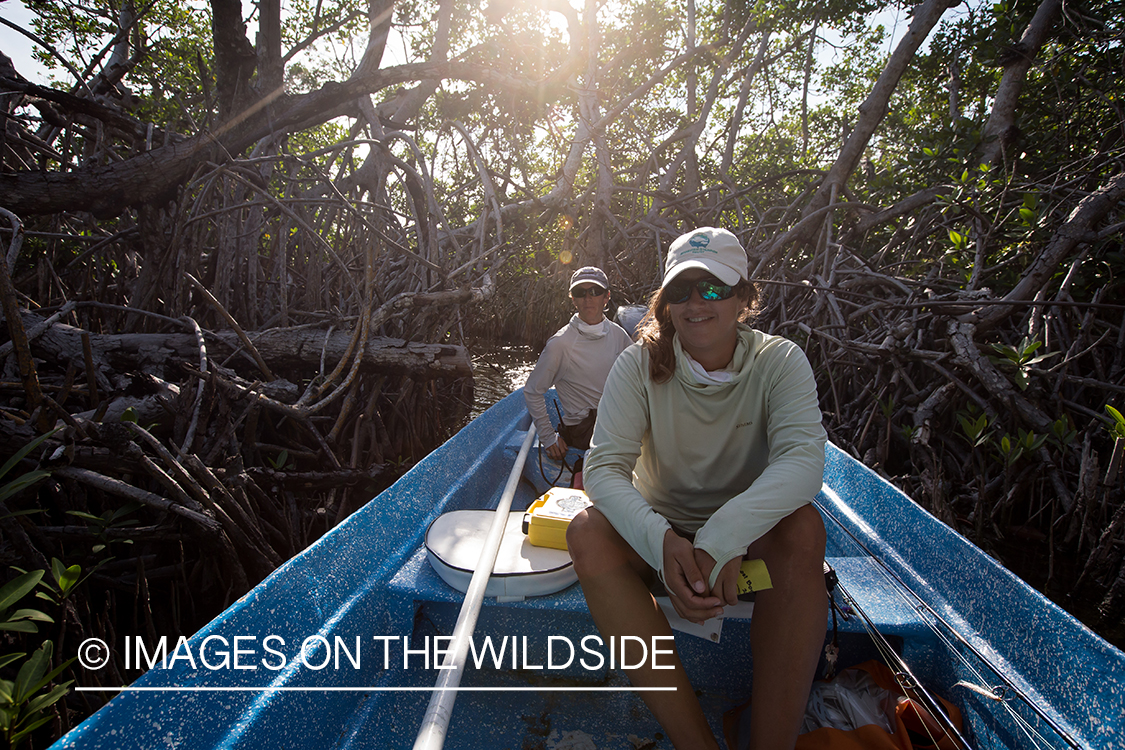 Flyfishing woman in boat working through mangroves.